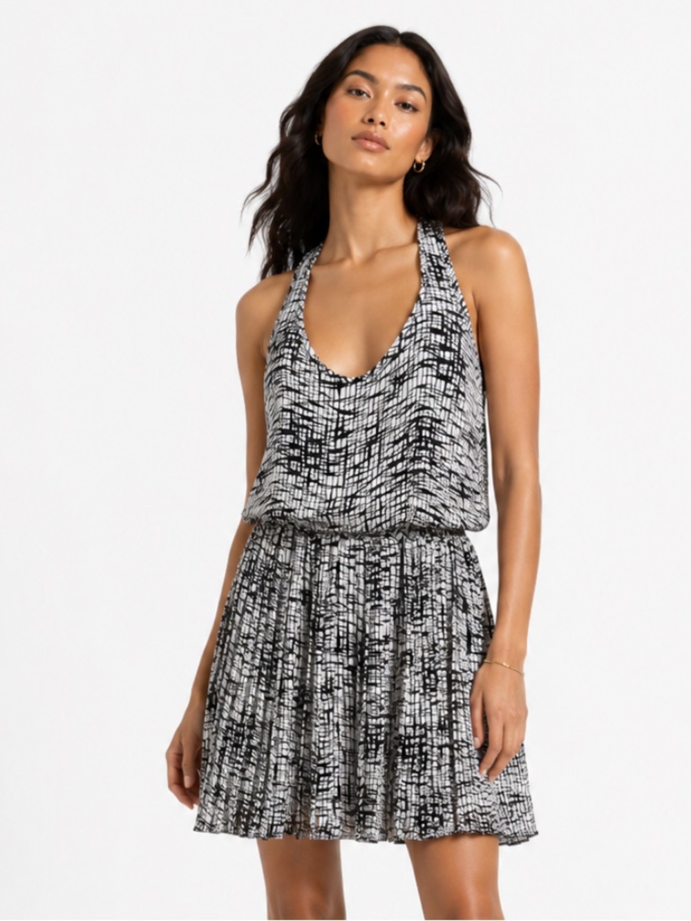 PARKER Black & Beige Patterned Racerback Dress Size M